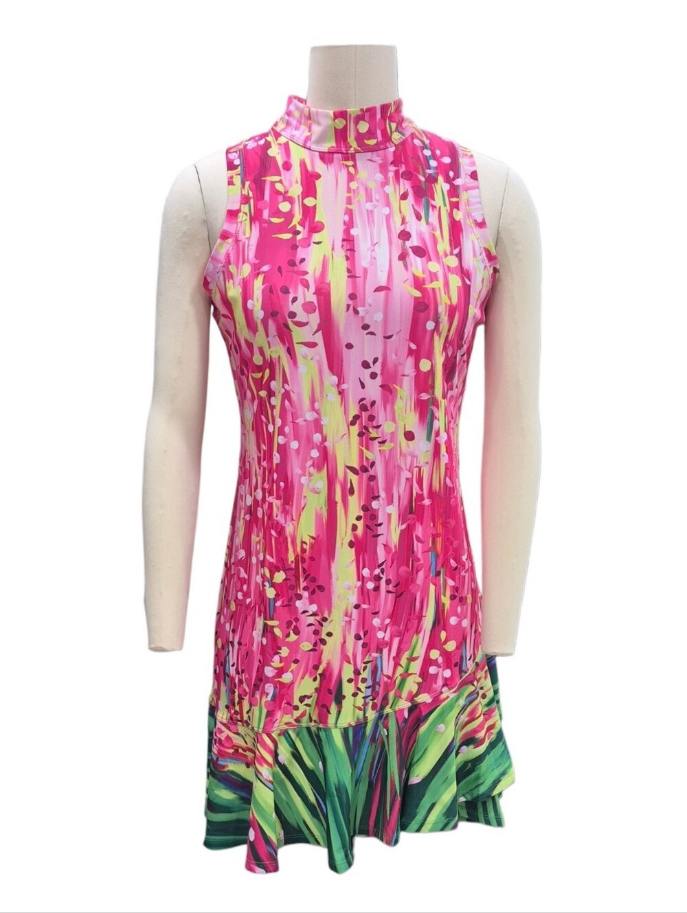 Acegolfs mini dress women's small pink multicolor sleeveless stretch ruffle hem
